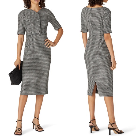 L.K. Bennett Nina Houndstooth Heart Midi Dress Size 14 Two Tone Black White - Picture 2 of 11